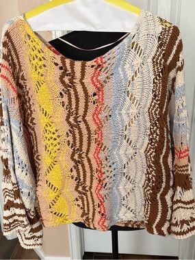 Free People Multicolor Openwork Knit Sweater in Brown, Yellow, Blue, Cream